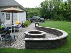View from side of patio showing fire pit and seating wall