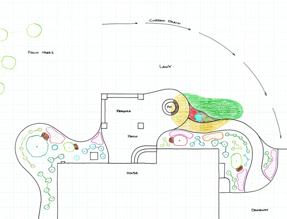 Drawing of patio walkout with fire pit and columned walls with extensive plantings and walkway to drive