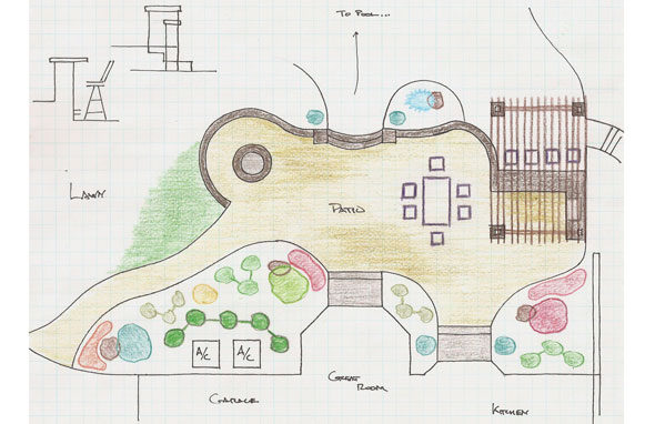 The plans for a patio with an outdoor kitchen and fire pit with a beautiful patio